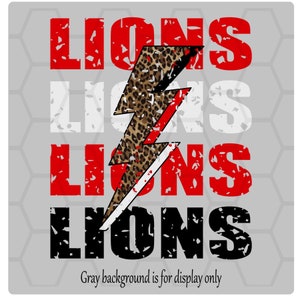 Lions Leopard Lightning Bolt Red Black White // School Spirit // Lions Mascot // PNG INSTANT DOWNLOAD // Sublimation