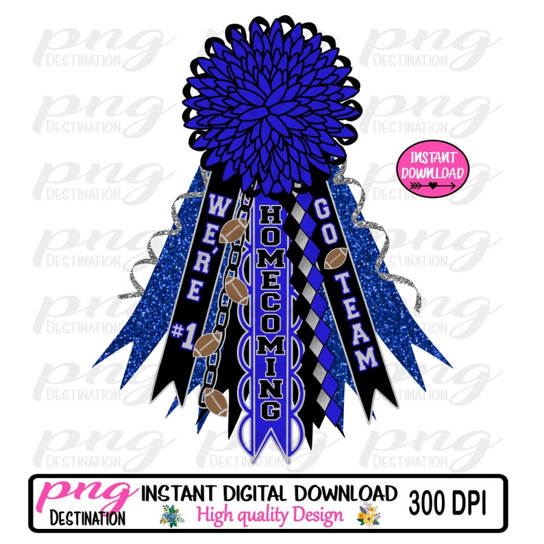 May include: A blue, black, and silver homecoming mum with the words "We're #1" and "Go Team" on the ribbons. The mum has a large blue flower and footballs.