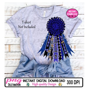 May include: A digital design of a blue and black homecoming football mum with glitter and the text "We're #1", "Homecoming", and "Go Team".