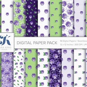 Violett Stiefmütterchen Digital Paper Pack, Viola und Stiefmütterchen Muster, Floral nahtlose Muster, lila / grün Frühling Blumen, digitale Papier ClipArt