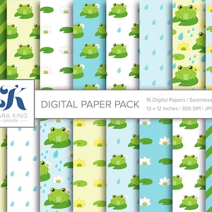 Papel digital de primavera, ilustração de sapo fofo, gotas de chuva e nenúfares, padrões sem costura, pacote de papel digital