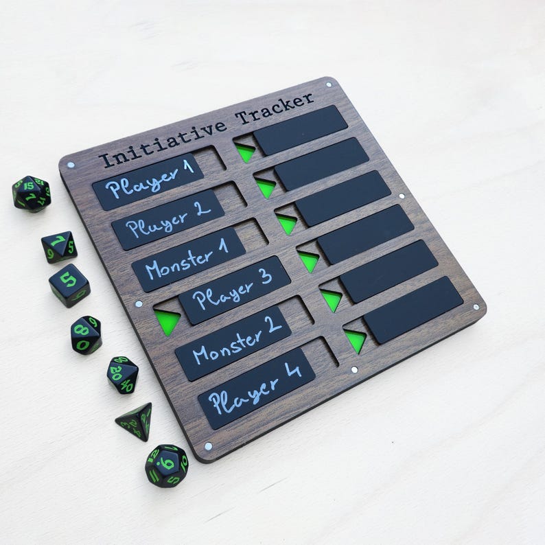 May include: A wooden initiative tracker with the text "Initiative Tracker" and labels for players and monsters. The tracker has black rectangles for tracking and green accents. Several dice with green numbers are scattered around the tracker.