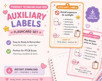 Pharmacy Auxiliary Labels Flashcards | PTCB Pharmacy Technician Study Cards | Cute Laminated