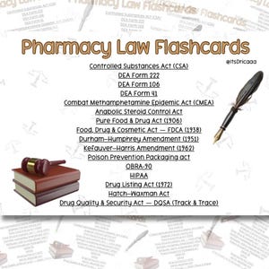 May include: A white flashcard with the title "Pharmacy Law Flashcards" and a list of laws, including the Controlled Substances Act. A gavel rests on a stack of books, and a quill pen is also shown.