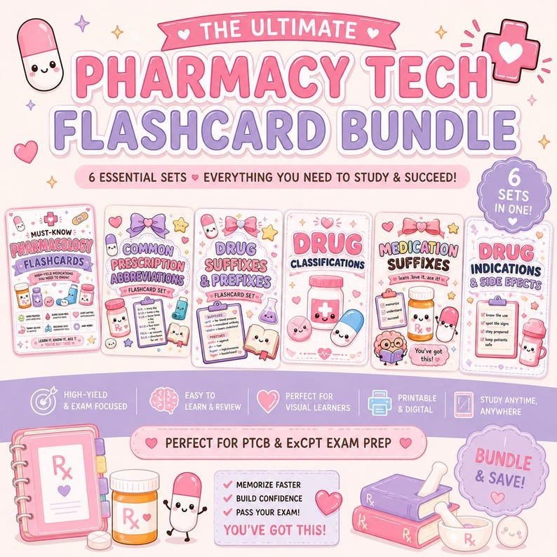 May include: A colorful illustration of a pharmacy tech flashcard bundle. The image features six flashcard sets, including pharmacology, drug suffixes, and classifications. Text includes "The Ultimate Pharmacy Tech Flashcard Bundle" and "Perfect for PTCB & ExCPT Exam Prep."