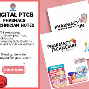Puede incluir: Notas digitales para técnicos de farmacia PTCB con información de preparación para el examen. La imagen incluye un gráfico rojo y blanco con el texto "SHOP NOW" e ilustraciones de pastillas. También se ven documentos adicionales con el texto "PHARMACY TECHNICIAN".