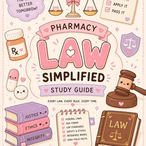 May include: A colorful illustration for a pharmacy law study guide. The image features a balance scale, a gavel, and books labeled "Justice," "Ethics," and "Integrity." Text includes "Pharmacy Law Simplified" and "Study Guide."