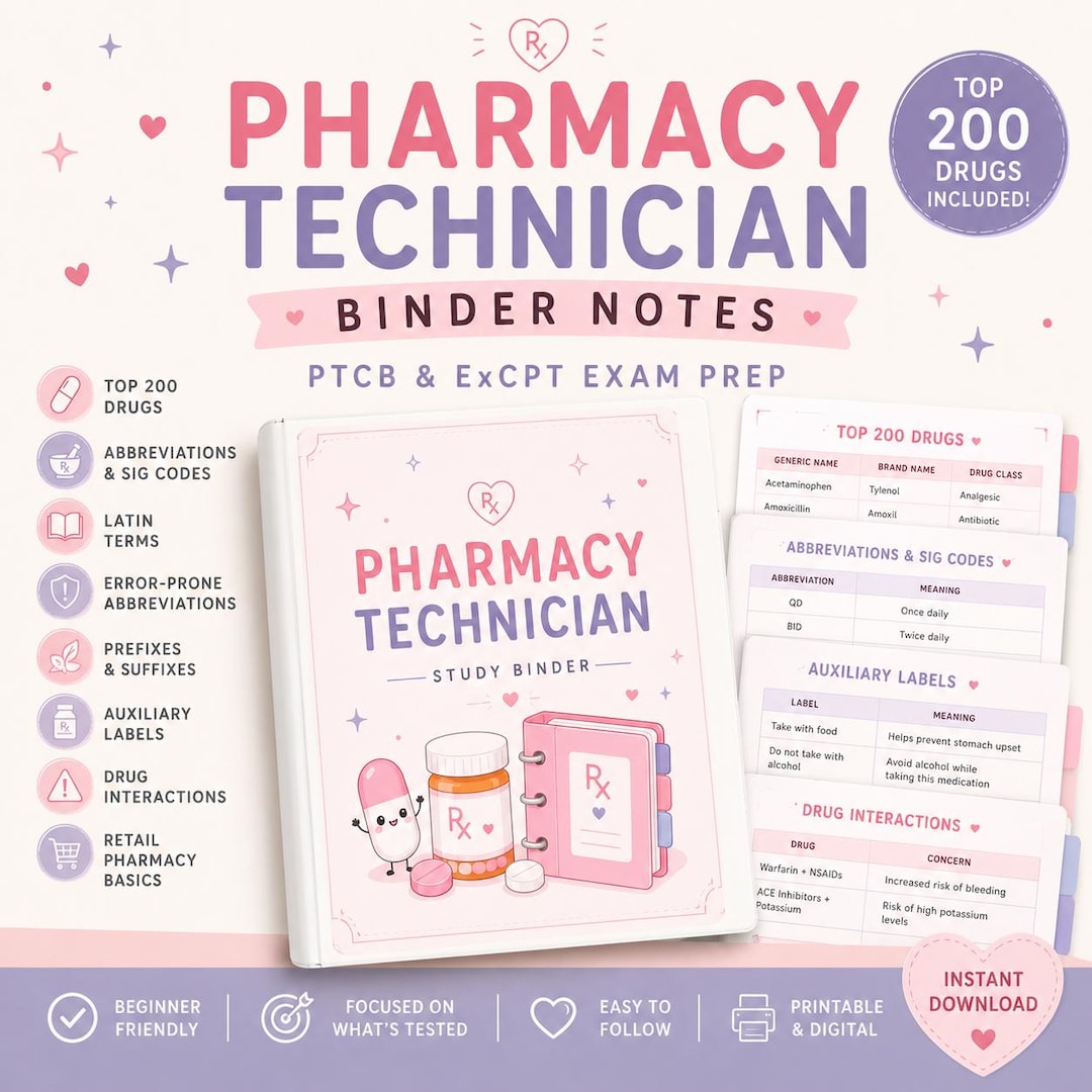 Tech Note Binder Pharmacy Technician Study Binder | PTCB & Excpt Notes | Top 200 Drugs ...