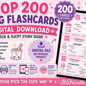 Puede incluir: Un conjunto de descarga digital de 200 tarjetas de estudio de medicamentos para PTCB y ExCPT, con gráficos rosas y morados, una tableta que muestra tarjetas, un icono de mortero y mano, y texto que incluye Top 200 Drug Flashcards e ItsDricaaa.