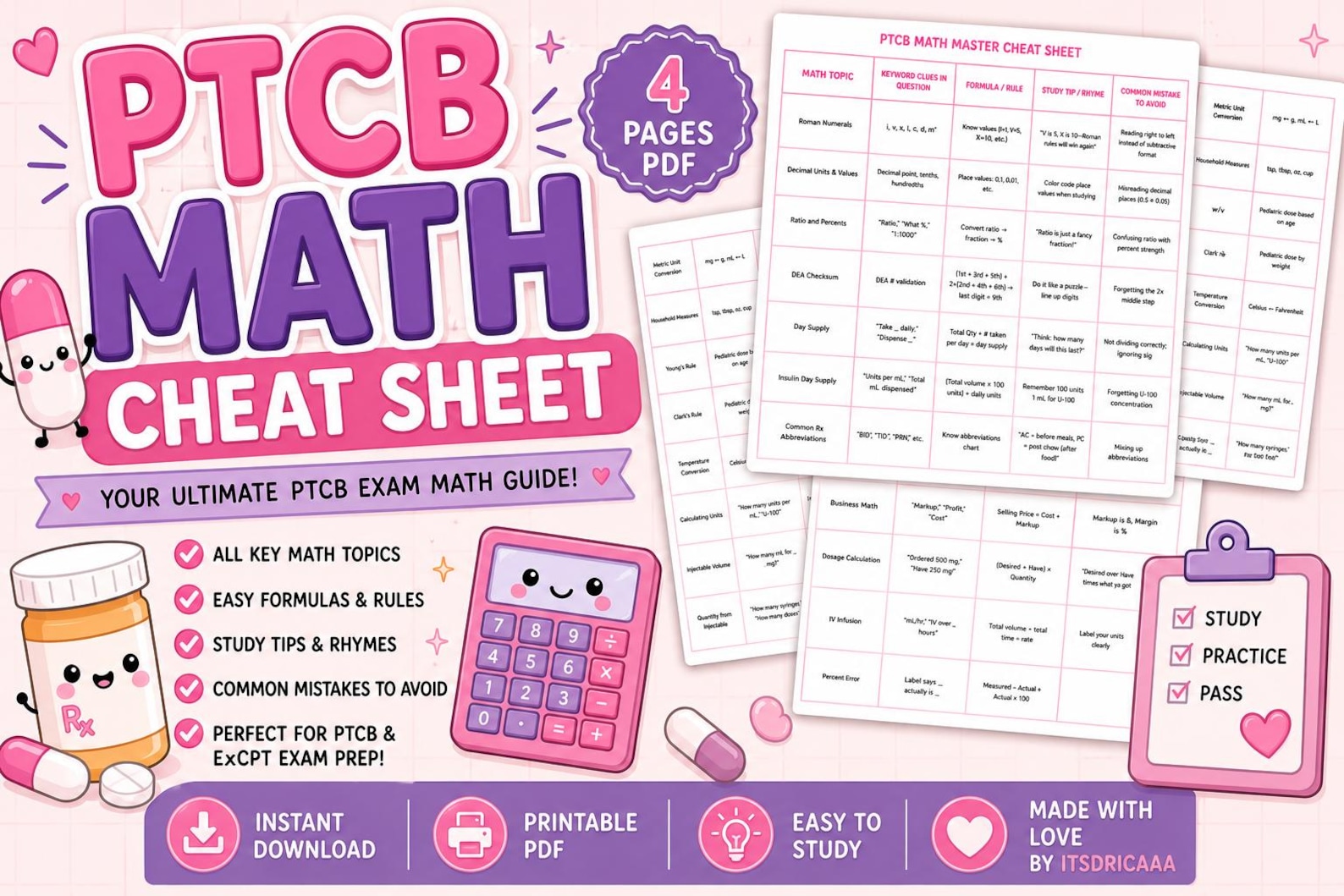 PTCB Math Cheat Sheet PDF | Pharmacy Technician Exam Math Study Guide ...