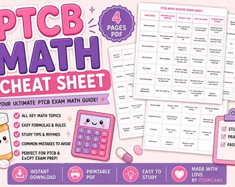 PTCB Math Cheat Sheet PDF | Pharmacy Technician Exam Math Study Guide | PTCB & ExCPT Practice Formula Sheet | Instant Download