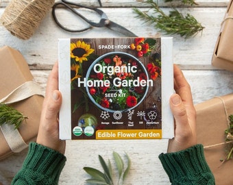 Indoor Edible Flower Garden Kit - Certified Organic Non GMO - Soil, Peat Pots, 5 Seeds Borage, Sunflower, Thai Basil, Dill, Nasturtium