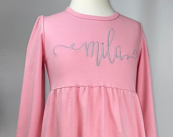 Monogrammed Long Sleeve Ruffle Pink Dress with Empire Waist, Personalized Girls Long Sleeve Dress, Monogrammed Girls Dress