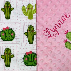 Personalized Cactus Baby Blanket, Cute Cactus with Happy Faces Flannel - Minky and Flannel Blanket for Girl, Cactus with Kawaii Face Blanket