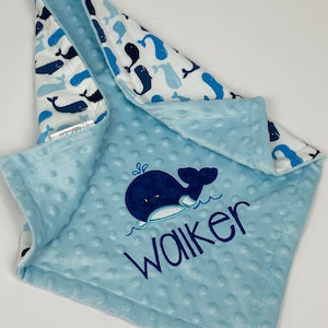 Baby LOVEY Blue and White Whale Flannel - Minky for Boy, Custom Whales Baby Blanket, Nautical Theme Blanket
