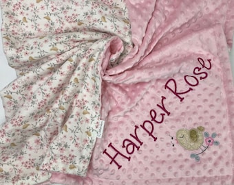 Cobertor de flanela floral rosa e cinza e minky para menina, cobertor de bebê floral personalizado, cobertor com pássaro cantando