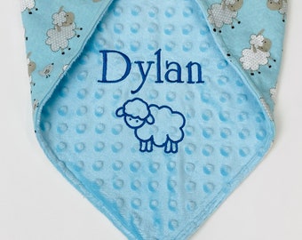 Manta de bebé personalizada, franela azul de corderos pequeños, manta Minky y franela para niña o niño, recién nacido, bebé, niño pequeño, niño