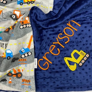Personalized Excavator Truck Baby Blanket, Assorted Construction Vehicles Flannel-Minky Blanket w/Name, Custom Digger Truck Blanket Boy