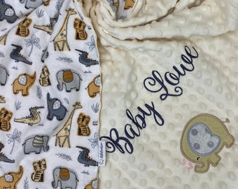 Jungle/Safari Baby Blanket, Jungle/Safari Print Flannel-Minky Blanket w/Name, Custom Birth Stat Jungle Animal Blanket for Boy or Girl