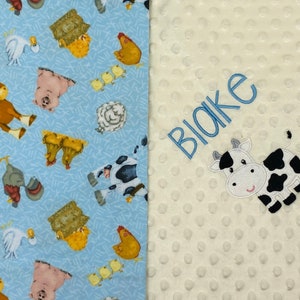 Personalisierte Baby-LOVEY, personalisierte Farm Life Lovey, individuelle Kuh Baby Decke, Bauernhof Tier Thema, Tierdecke für Junge oder Mädchen
