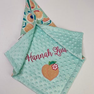 Peaches Flannel and Minky LOVEY, 17&quot;x17&quot; Peaches Lovey, Personalized Fruit/Peach Baby Lovey, Blanket with Name for Infant, Toddler, Child