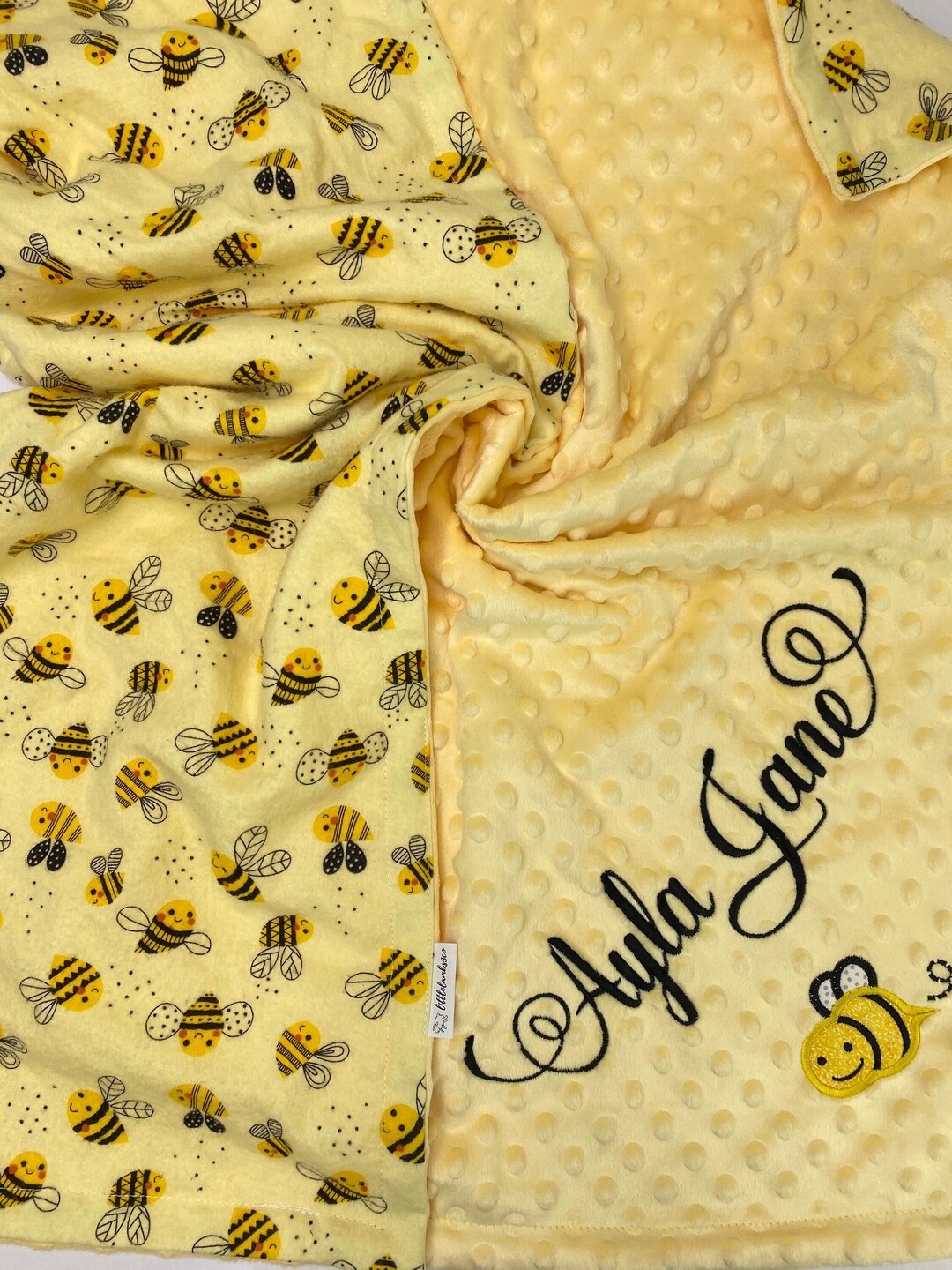 Bumble Bee Flannel and Minky Blanket, Personalized Smiling Bee Baby