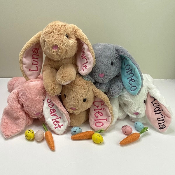 Personalized Plush Long Ear Bunny, Embroidered Plush Easter Bunny, Pink, Beige/Tan, Grey or White Plush Bunny with Name for Boy or Girl