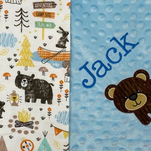 Little Bear Flannel and Minky Personalized Baby LOVEY, Custom Baby Bear Baby Blanket, Camping Theme Blanket, Bear Blanket for Boy or Girl
