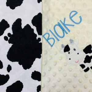 Flanela com estampa de vaca e cobertor de bebê Minky, cobertor de bebê de vaca personalizado, cobertor de vaca personalizado para menino ou menina, presente unissex de cobertor de bebê