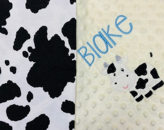 Cow Print Flannel and Minky Baby Blanket, Personalized Cow Baby Blanket,  Custom Cow Blanket for Boy or Girl, Unisex Baby Blanket Gift