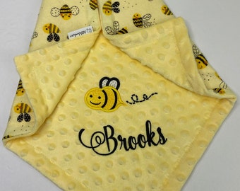 Bumble Bee Flannel and Minky LOVEY, Personalized Smiling Bee Baby Blanket or Lovey, Blanket with Name for Infant, Toddler, Child