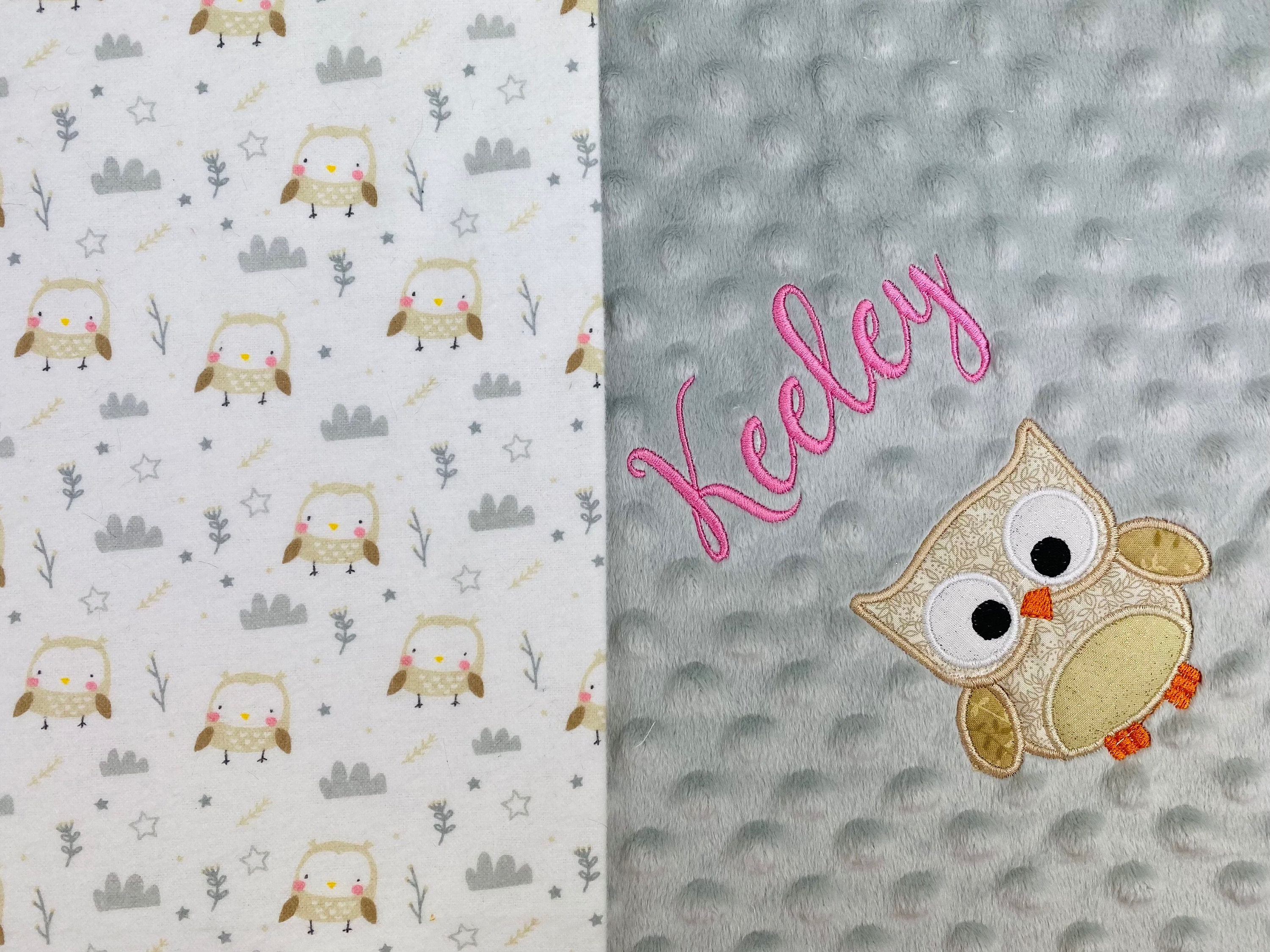 Personalized Owl Baby Blanket, Neutral Tone Owl Print Flannel-Minky Blanket w/Name, Custom Owl Blank
