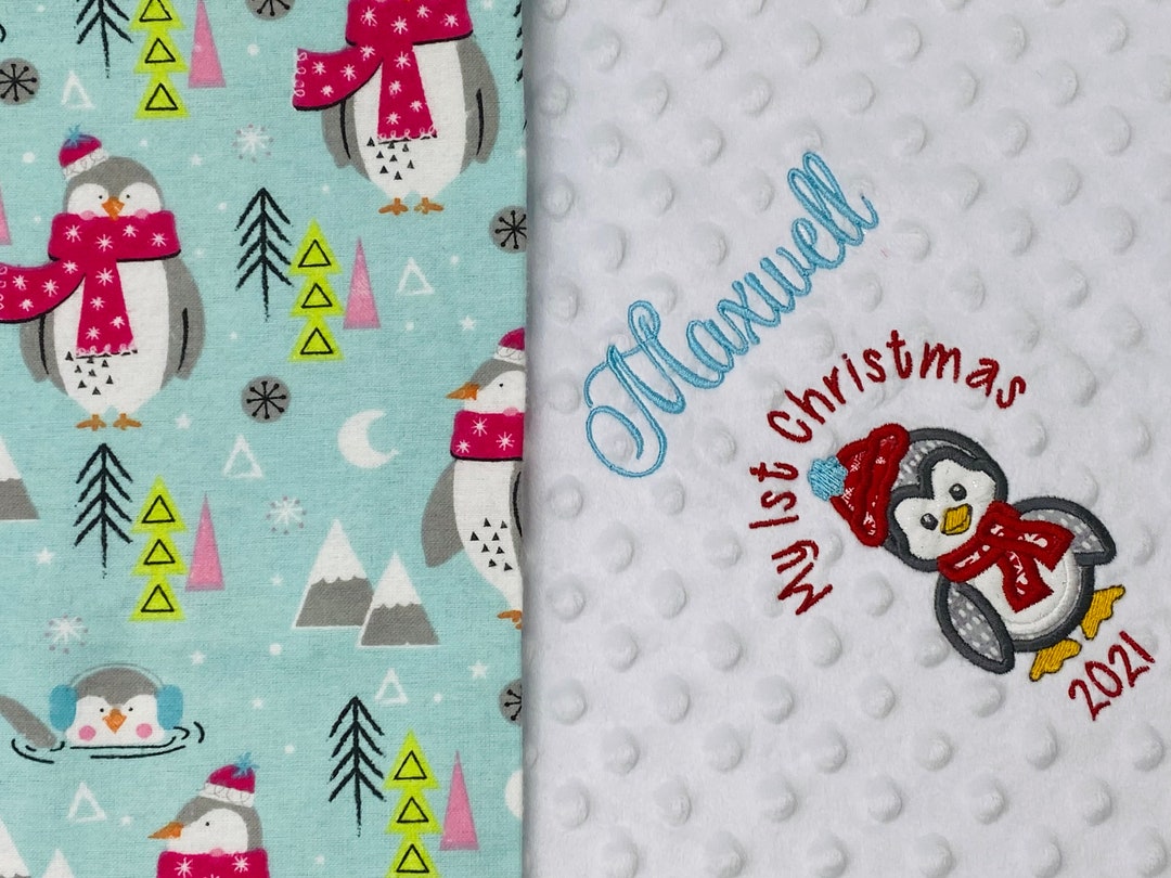 Penguin Baby Blanket With White Minky, Custom First Christmas Baby Blanket, Personalized
