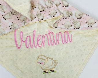 Bonita manta de franela con corderitos esponjosos (rosa)/Minky marfil LOVEY/personalizada para bebé, para niña o niño, recién nacido, bebé, niño pequeño, niño pequeño