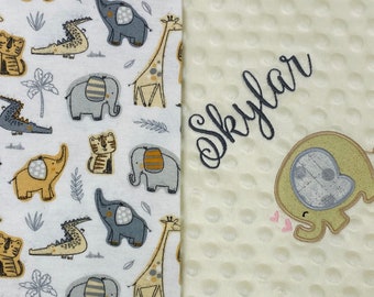Safari/jungle LOVEY, Animal Safari Print Flannel-Minky Lovey w/Name, Custom Ducky Blanket for Boy or Girl