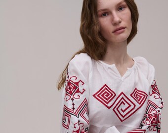 White Geometric 100% Linen Embroidered Blouse Ukrainian Folk Vyshyvanka Embroidered Top Gift for her Spring clothing