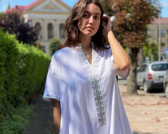 White linen embroidered dress Personalized dress All sizes Girls dress Maxi dress Bohemian dress 2024 Handmade clothing  Gift for women