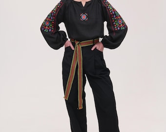 Black 100% Linen Blouse Vintage Flower embroidered shirt  Ukrainian embroidery Best gift for her Bohemian blouse Long sleeve blouse