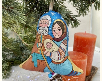 テキスタイルクリスマスベル「聖家族」飛散防止 環境に優しいブランド ホリデーデコレーション 新築祝い キリスト降誕 両面手描き