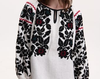 Women’s white embroidered blouse  Flower girl shirt, Linen blouse  Boho shirt ukrainian Geometry embroidered blouse  Spring clothing