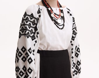 Hand Embroidered Ukrainian Vyshyvanka Blouse – Black Ornament Linen Shirt