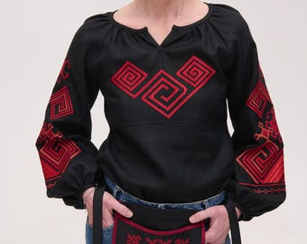 Black Ukrainian embroidered blouse for women Ukrainian  Linen blouse White vyshyvanka bohemian ethnic shirt Gift for Her Spring clothing