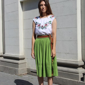 Skirt Linen ethnic style High-waisted midi skirt Natural fabric Breathable Summer women's clothing Pleated Elastic Waist linen skirt Green