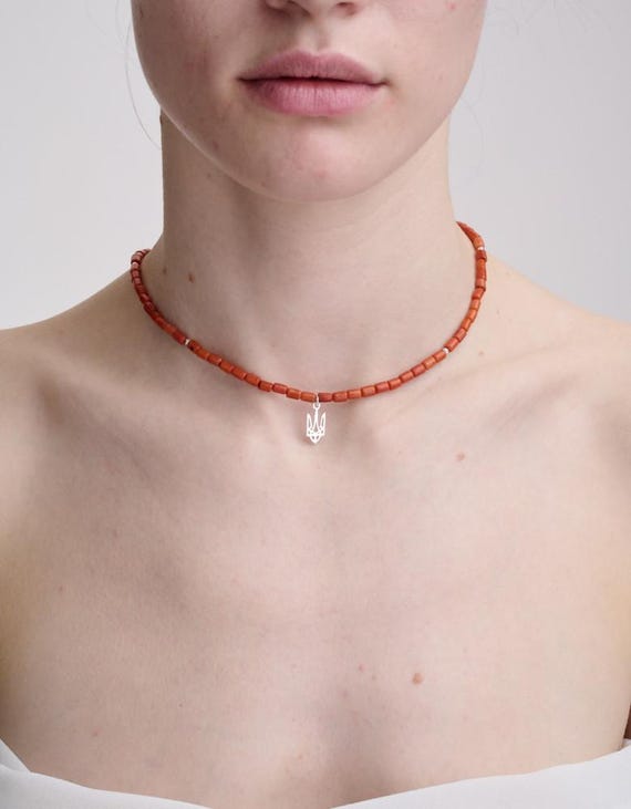 Handmade Coral Ukrainian Necklace with 925 Silver Tryzub Pendant (38cm)