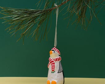 Penguin in a red hat Christmas decor Paper Mache penguine ornaments Sculpture penguine figurine Christmas tree decor,Gift,Handmade
