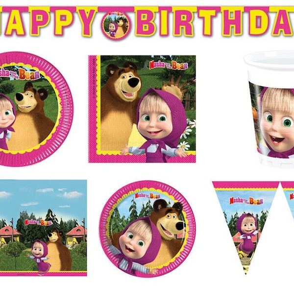 Masha and the Bear Balloons Party Supplies Decoration Birthday Plate Napkins Cups Tablecloth Banner Straws Hats Loot bags