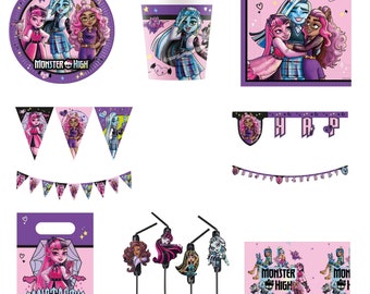 MONSTER HIGH Articles de fête Assiettes Tasses Serviettes Pailles Chapeaux Nappe Joyeux anniversaire Bannière Ballons Invitations