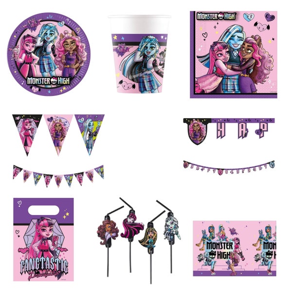 MONSTER HIGH Articles de fête Assiettes Tasses Serviettes Pailles Chapeaux Nappe Joyeux anniversaire Bannière Ballons Invitations