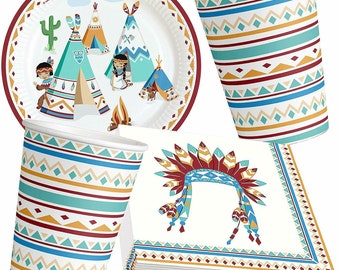 Native North Americans INDIANS Teppee Teepee Party Supplies Tableware Decor Plates Napkins Cups Tablecover Banner Birthday