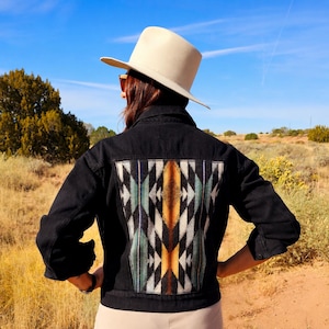 Black Jean Jacket Women, Wyeth Trail Pattern, Western Americana Style